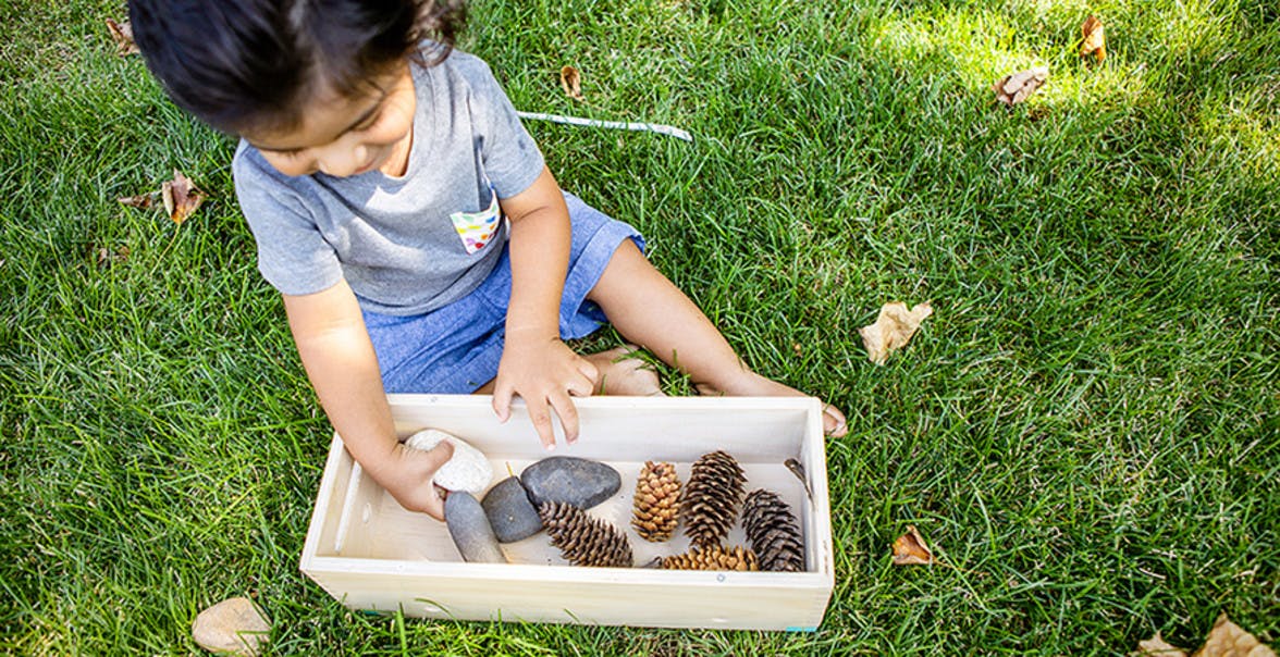 Toddler sitting in the grass playing with a container filled with rocks and pinecones