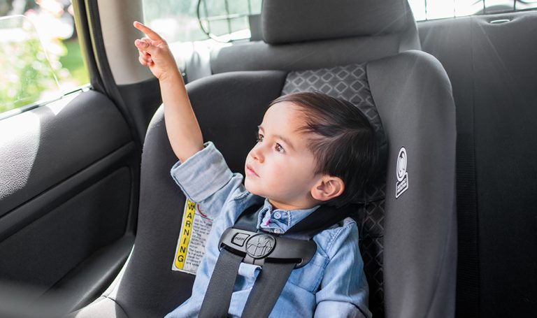 Toddler in a car seat pointing out the car window