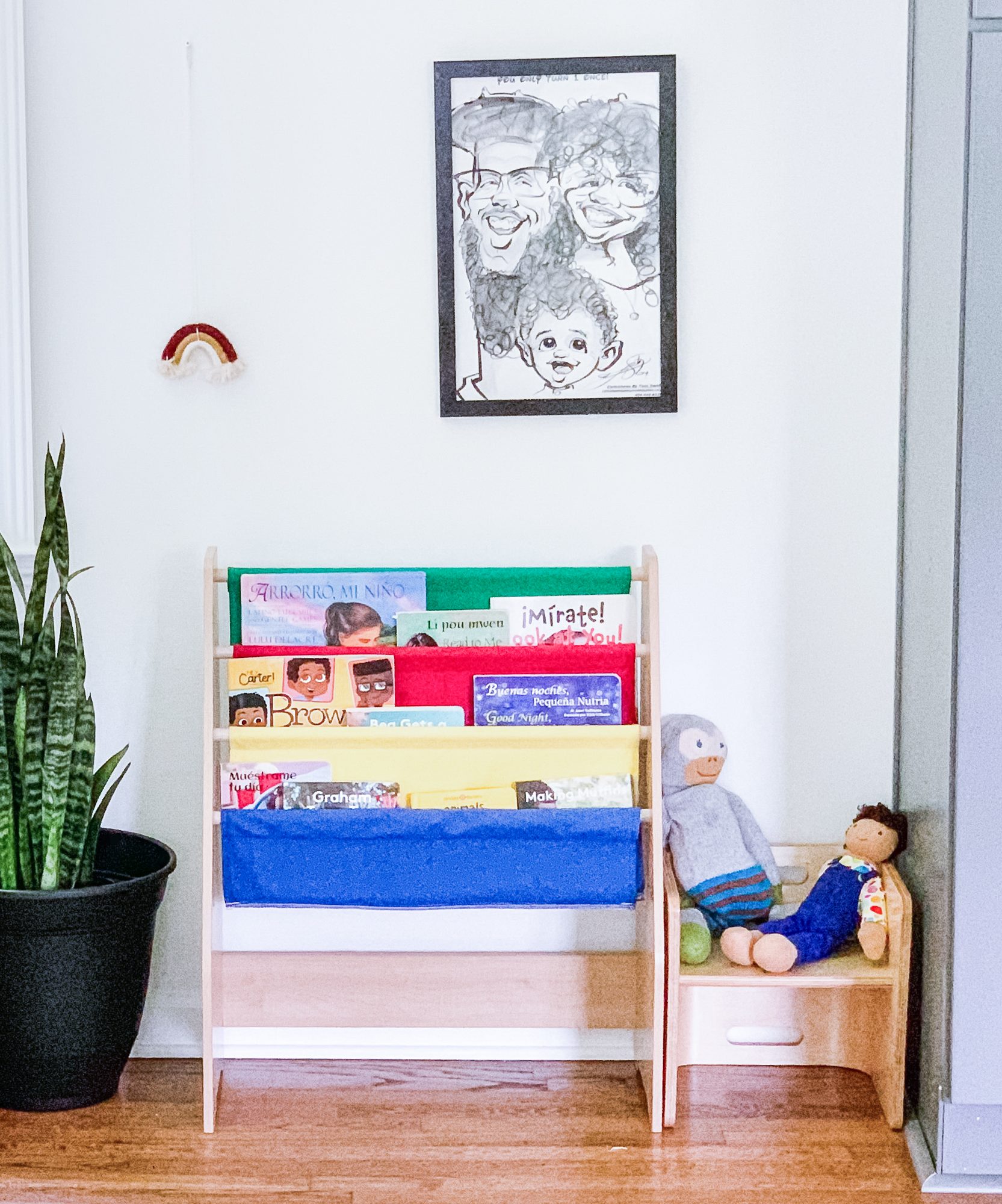 Wooden book holder with stepping stool